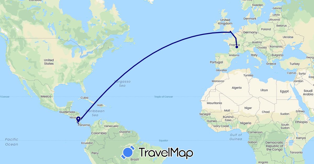 TravelMap itinerary: driving in Costa Rica, France, United Kingdom (Europe, North America)
